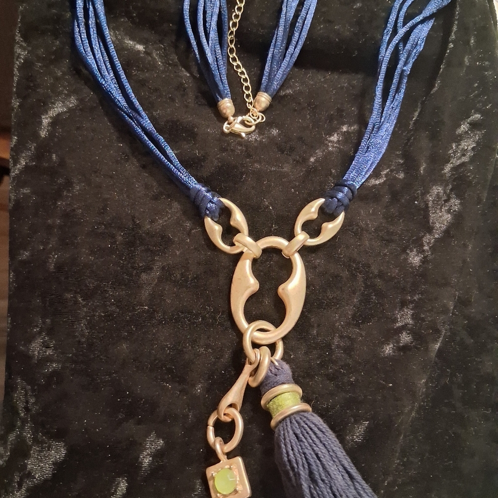 Vintage Gold and Navy Blue Statment  Tassel Necklace chunky accents.38 In Long